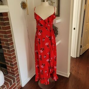 Lulu's Red Floral Ruffled Wrap Maxi Dress Size Large